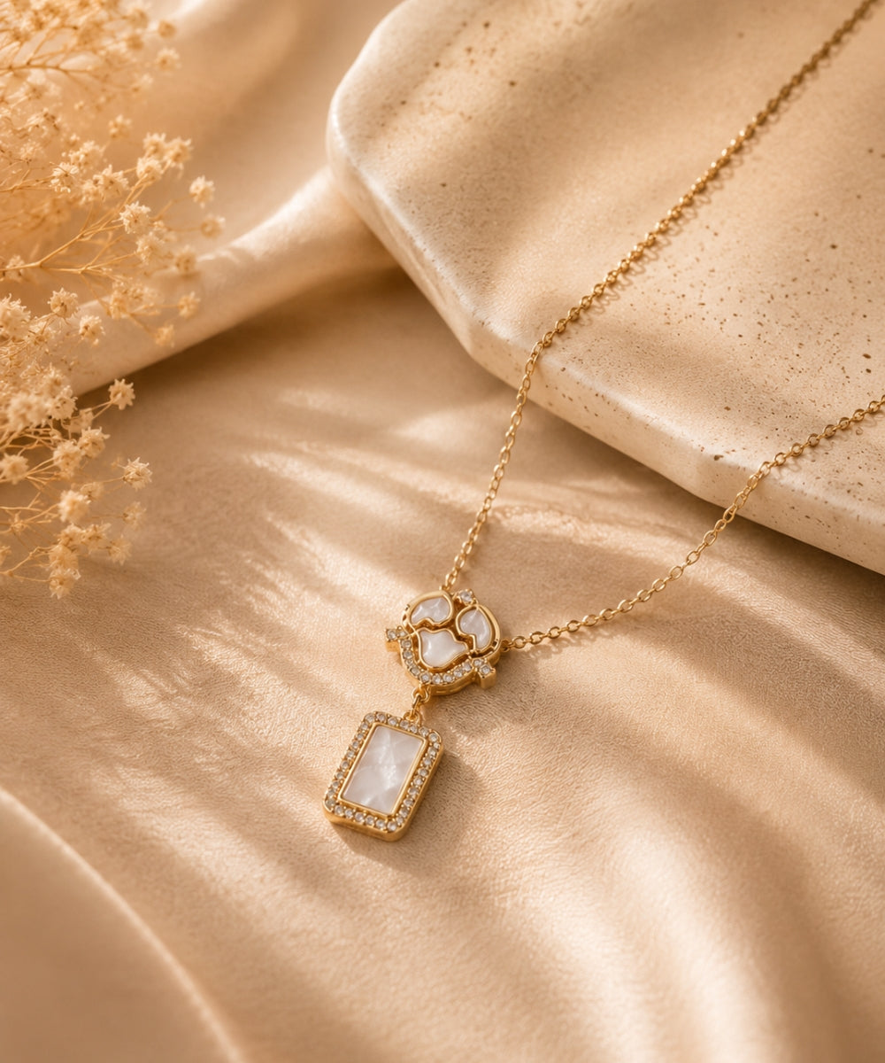 Gold Plated Cubic Zirconia & Mother Of Pearl Chain Pendant