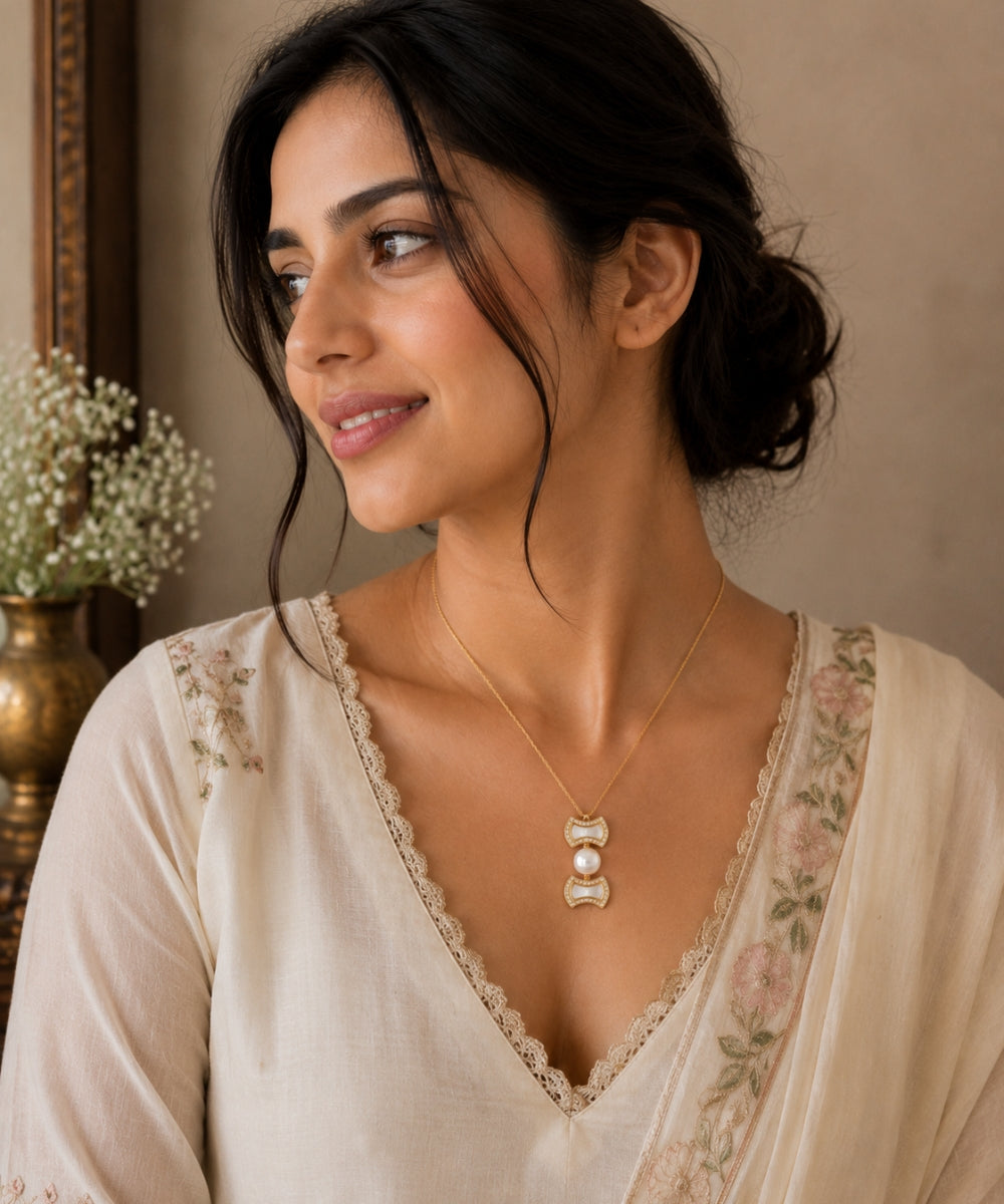 Gold Plated Pearl & Cubic Zirconia Chain Pendant