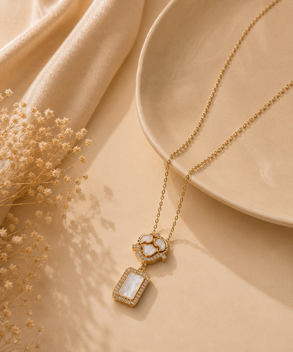 Gold Plated Cubic Zirconia & Mother Of Pearl Chain Pendant