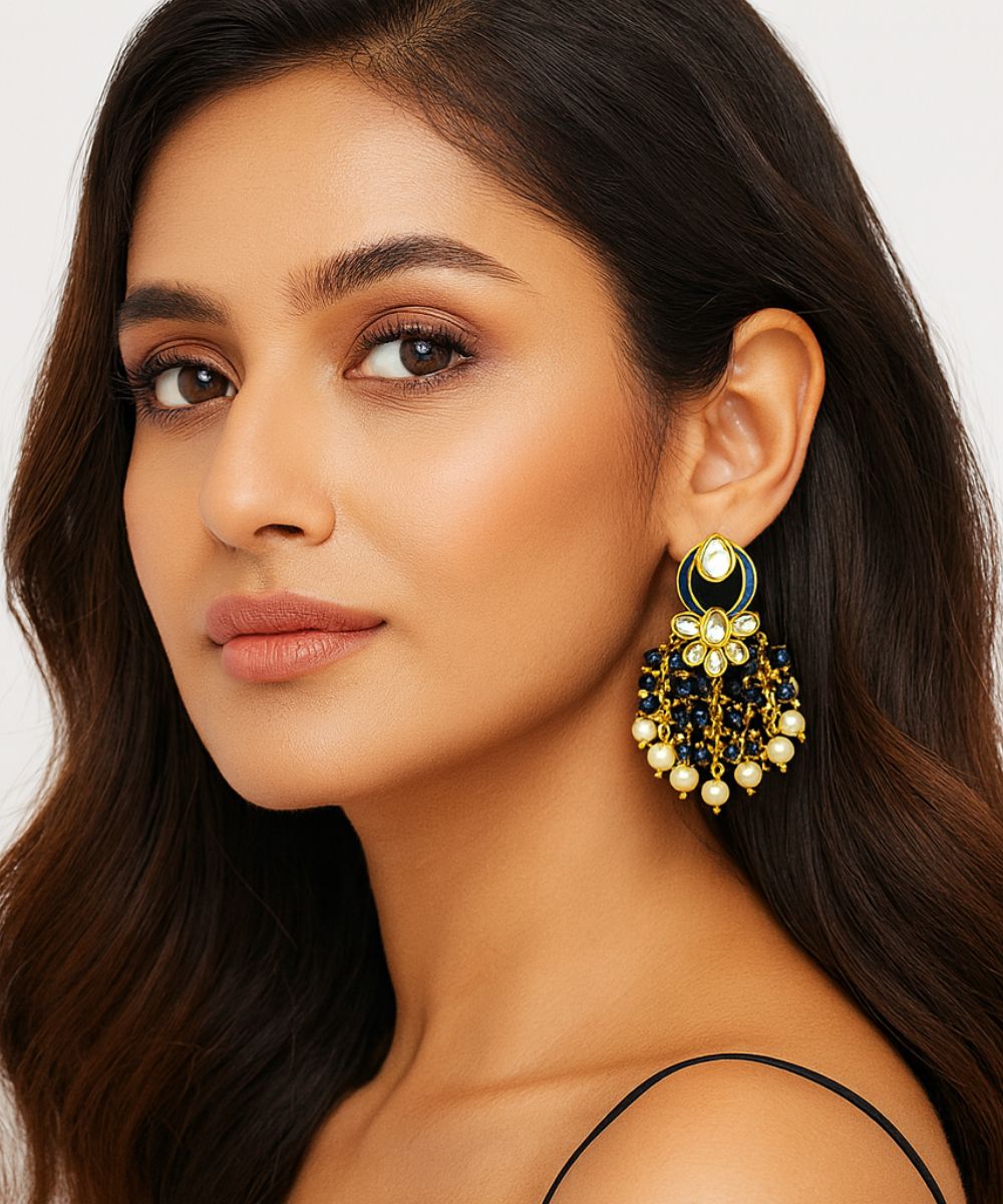 Gold Plated Kundan Pearl Drop Earrings