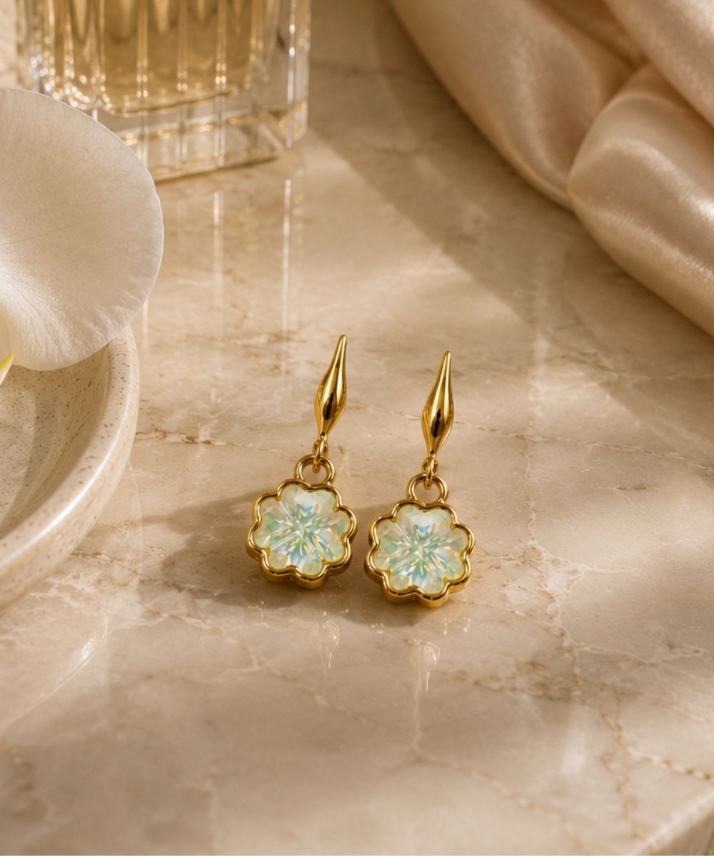 Bloom Gold-Plated Green Cubic Zirconia Floral Drop Earrings