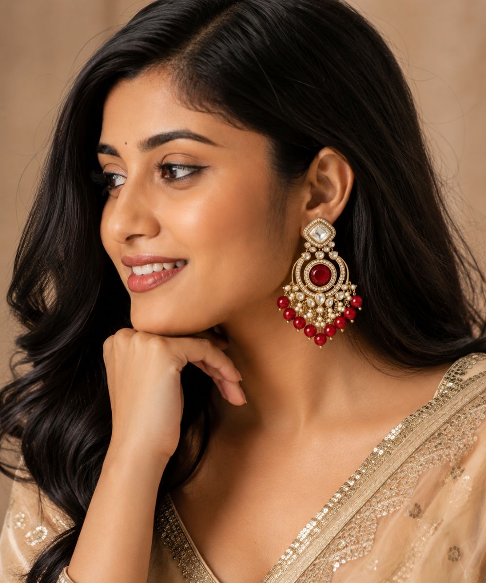 Gold Plated Red Chandbali Pearl Drop Earrings