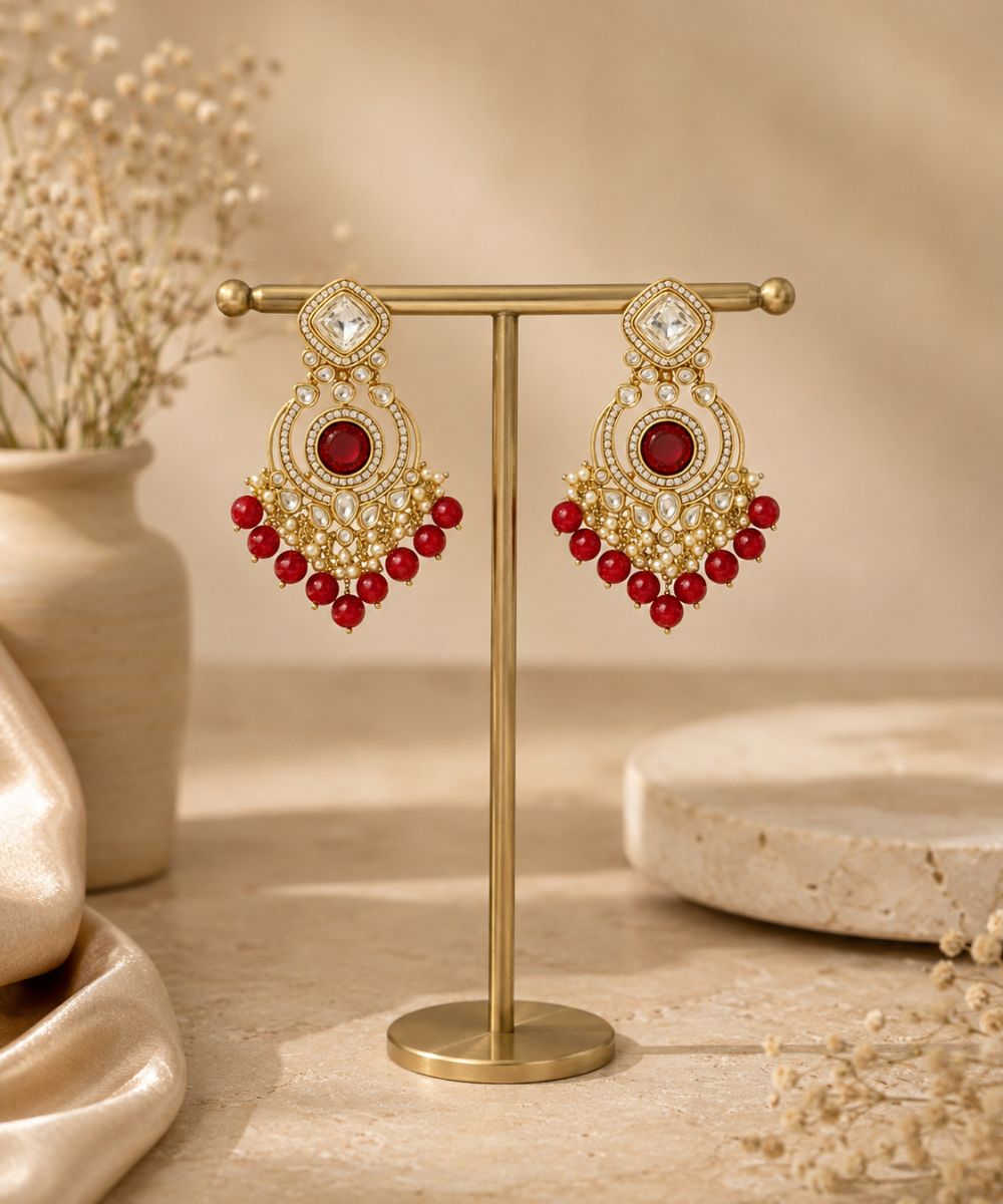 Gold Plated Red Chandbali Pearl Drop Earrings