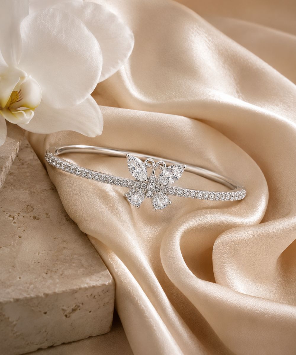 Rhodium Plated Cubic Zirconia Butterfly Style Bracelet
