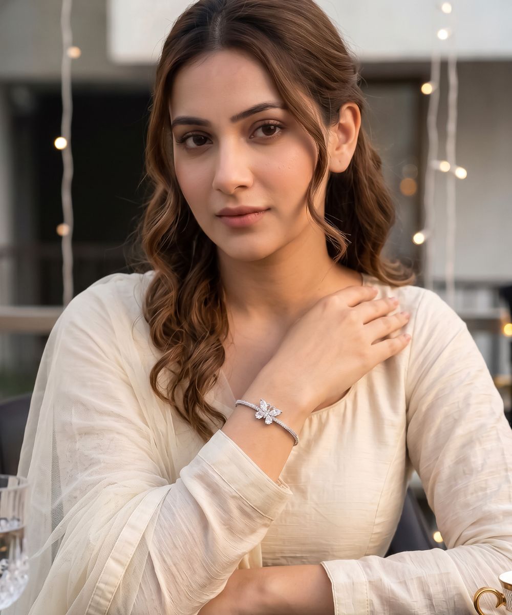 Rhodium Plated Cubic Zirconia Butterfly Style Bracelet