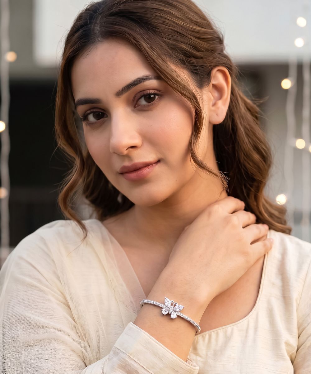 Rhodium Plated Cubic Zirconia Butterfly Style Bracelet