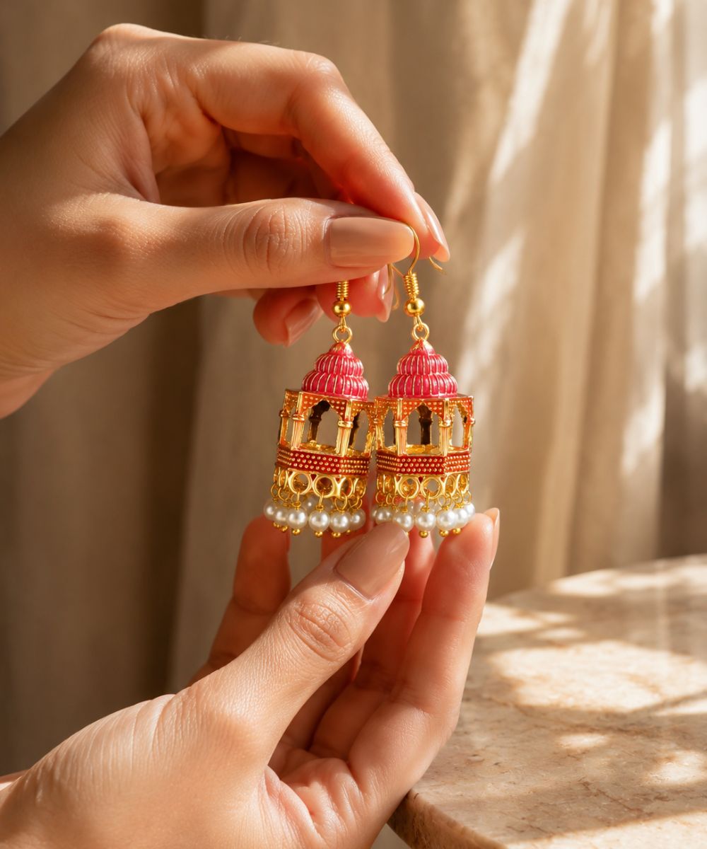Gold Plated Jarokha Jhumki Earrings
