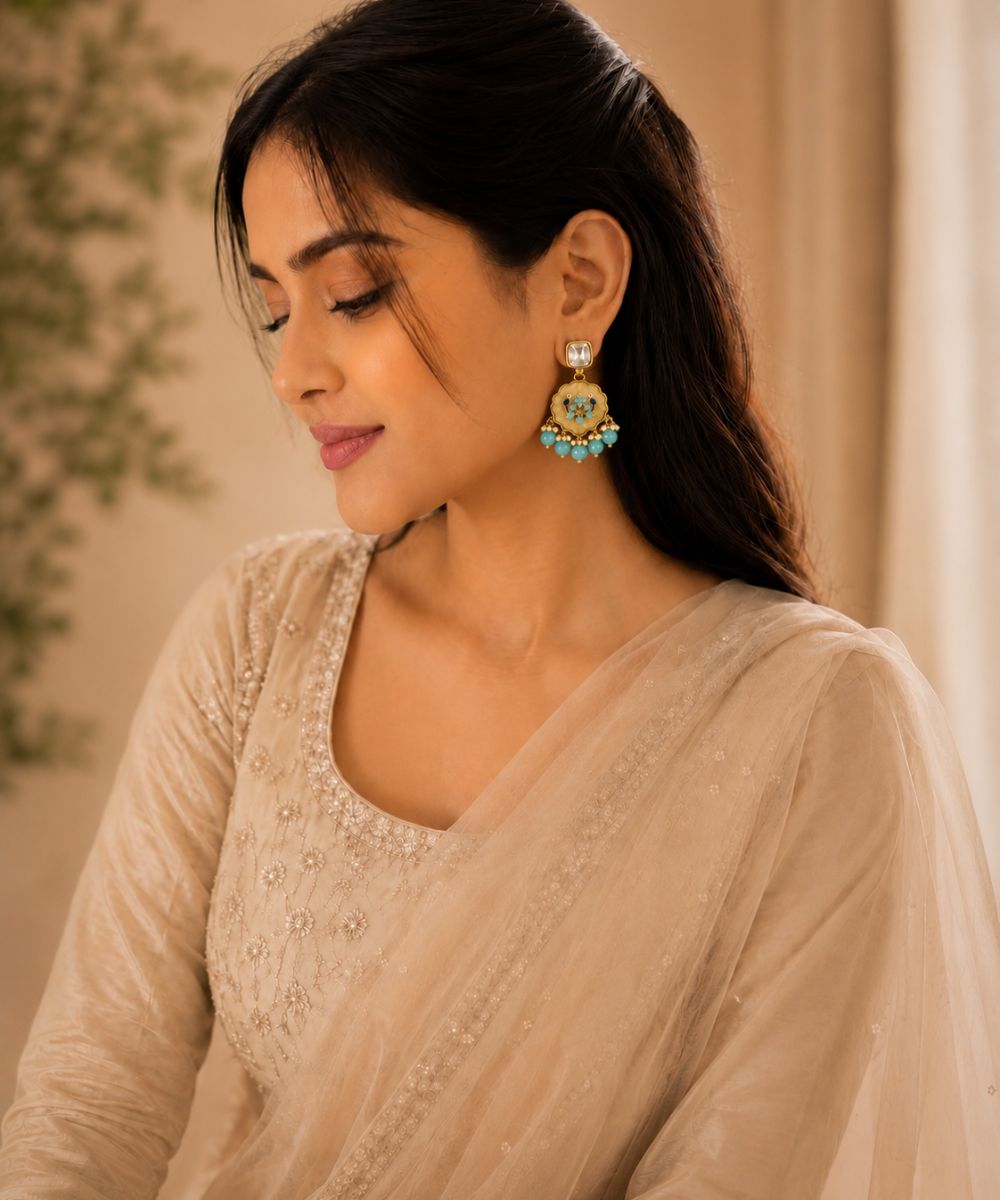 Gold Plated Kundan Blue Pearl Drop Earrings
