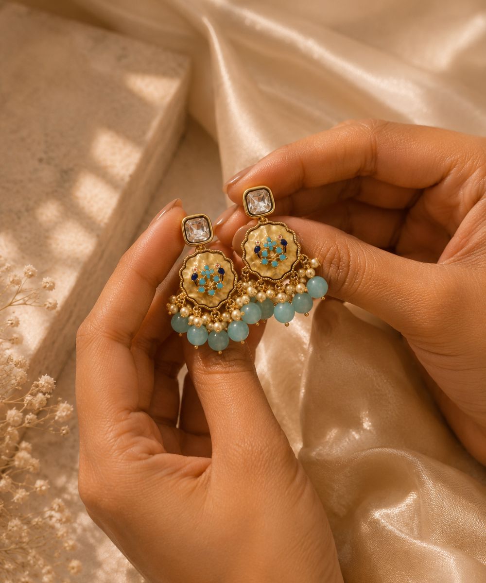 Gold Plated Kundan Blue Pearl Drop Earrings
