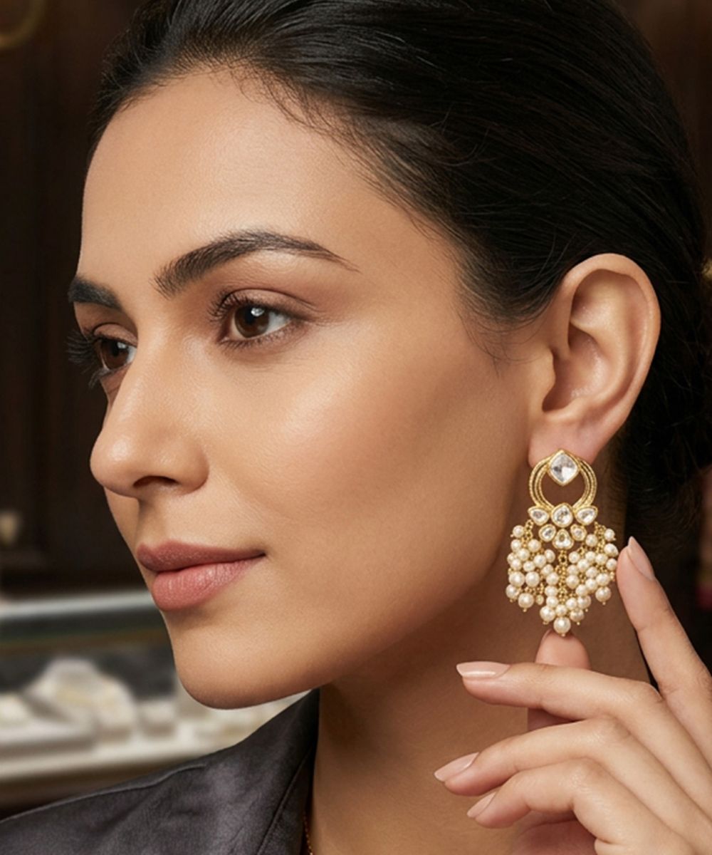 Gold Plated Kundan Pearl Drop Earrings