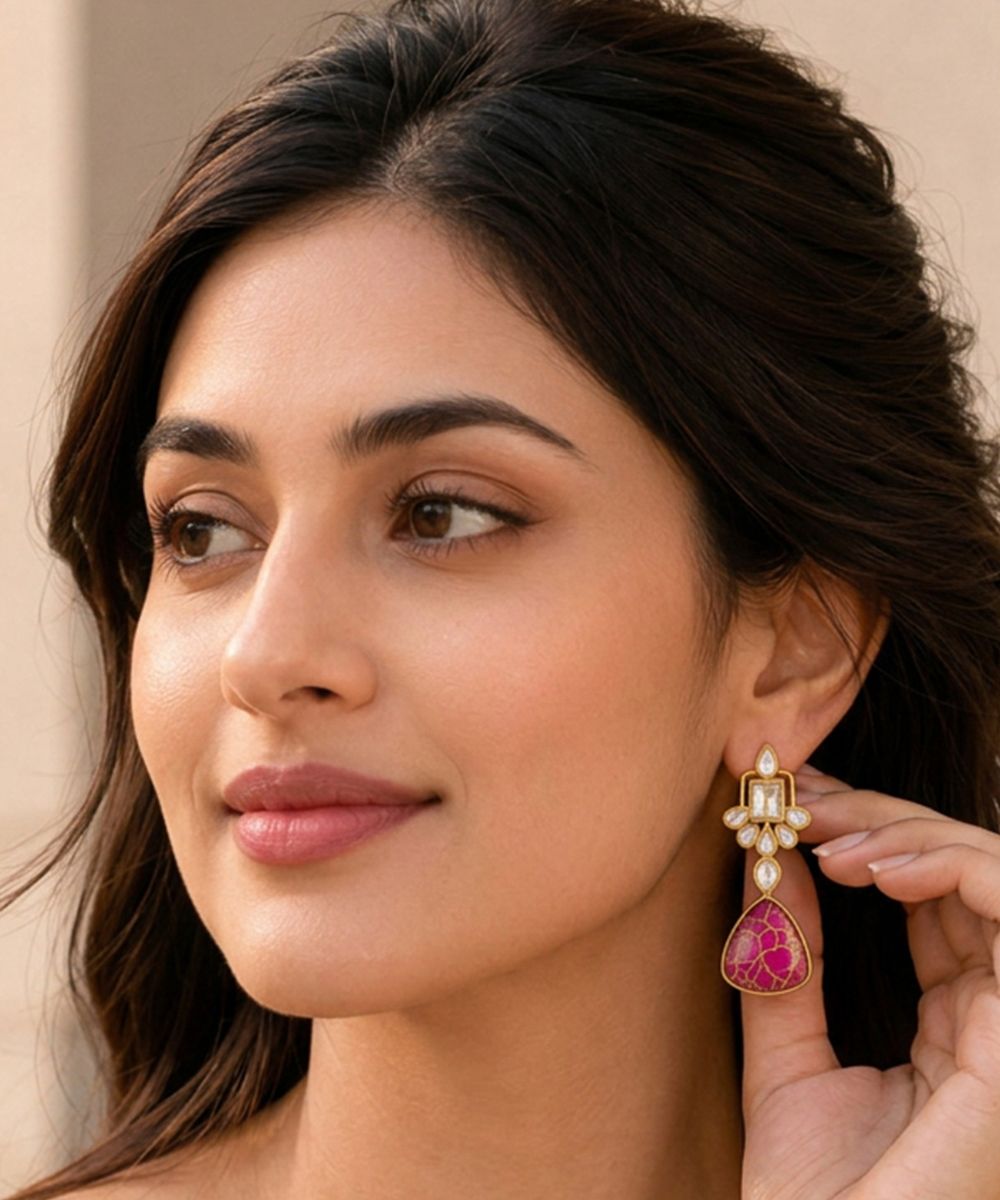 Gold Plated Pink Kundan Drop Earrings