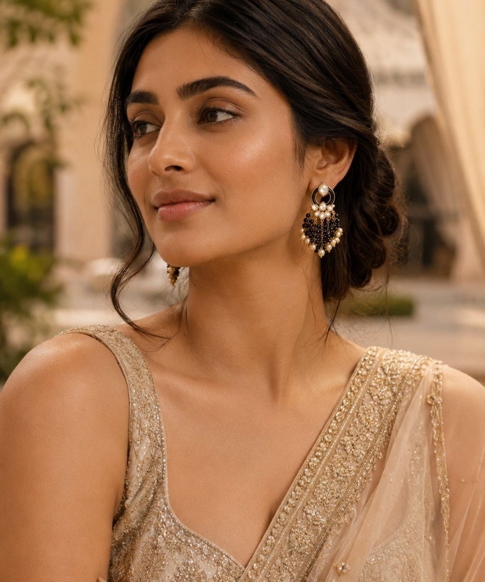 Gold Plated Kundan Pearl Drop Earrings