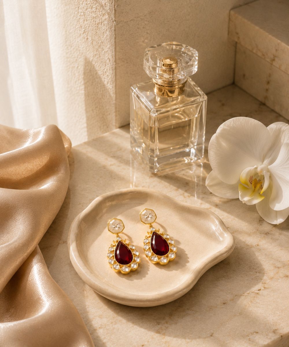 Gold Plated Red Stone Kundan Drop Earrings