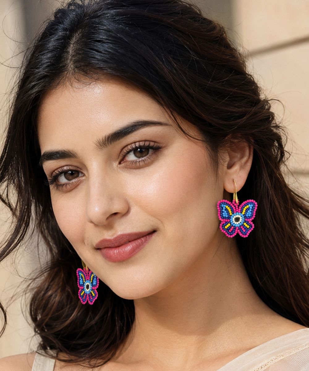 Gold Plated Multicolour Butterfly Seed Bead Drop Earrings