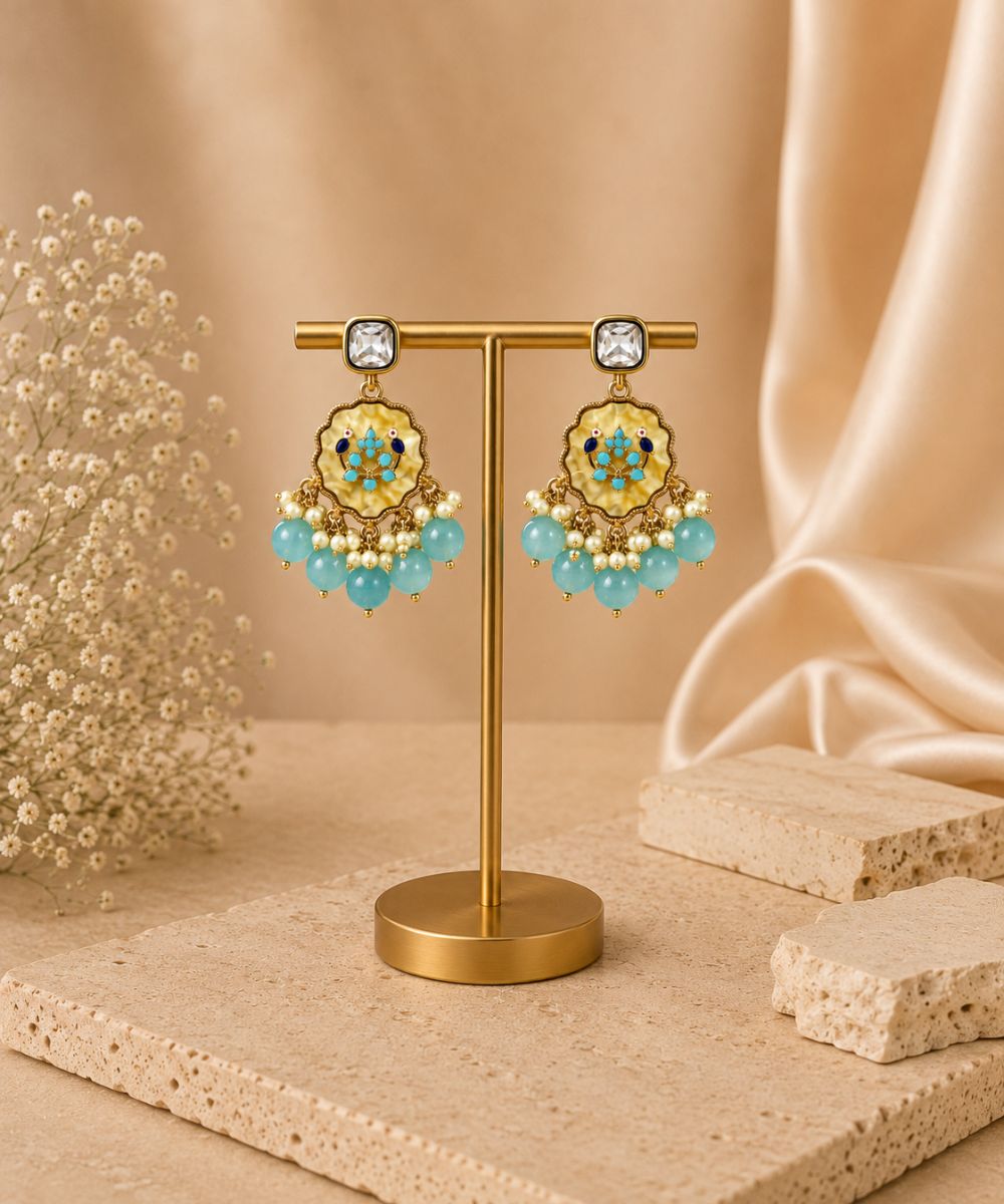 Gold Plated Kundan Blue Pearl Drop Earrings