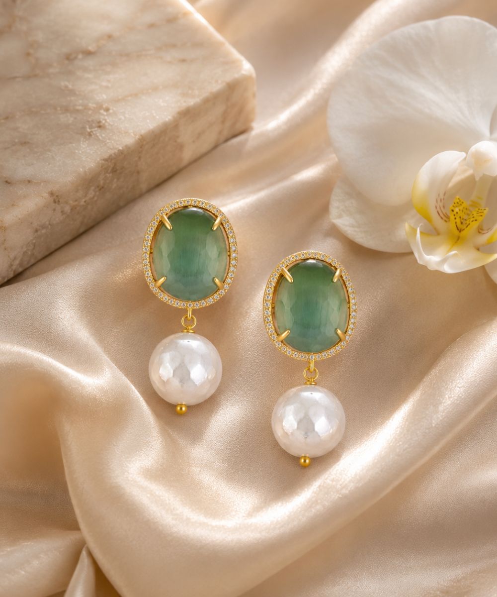 Gold Plated Emerald Stone Drop Earrings