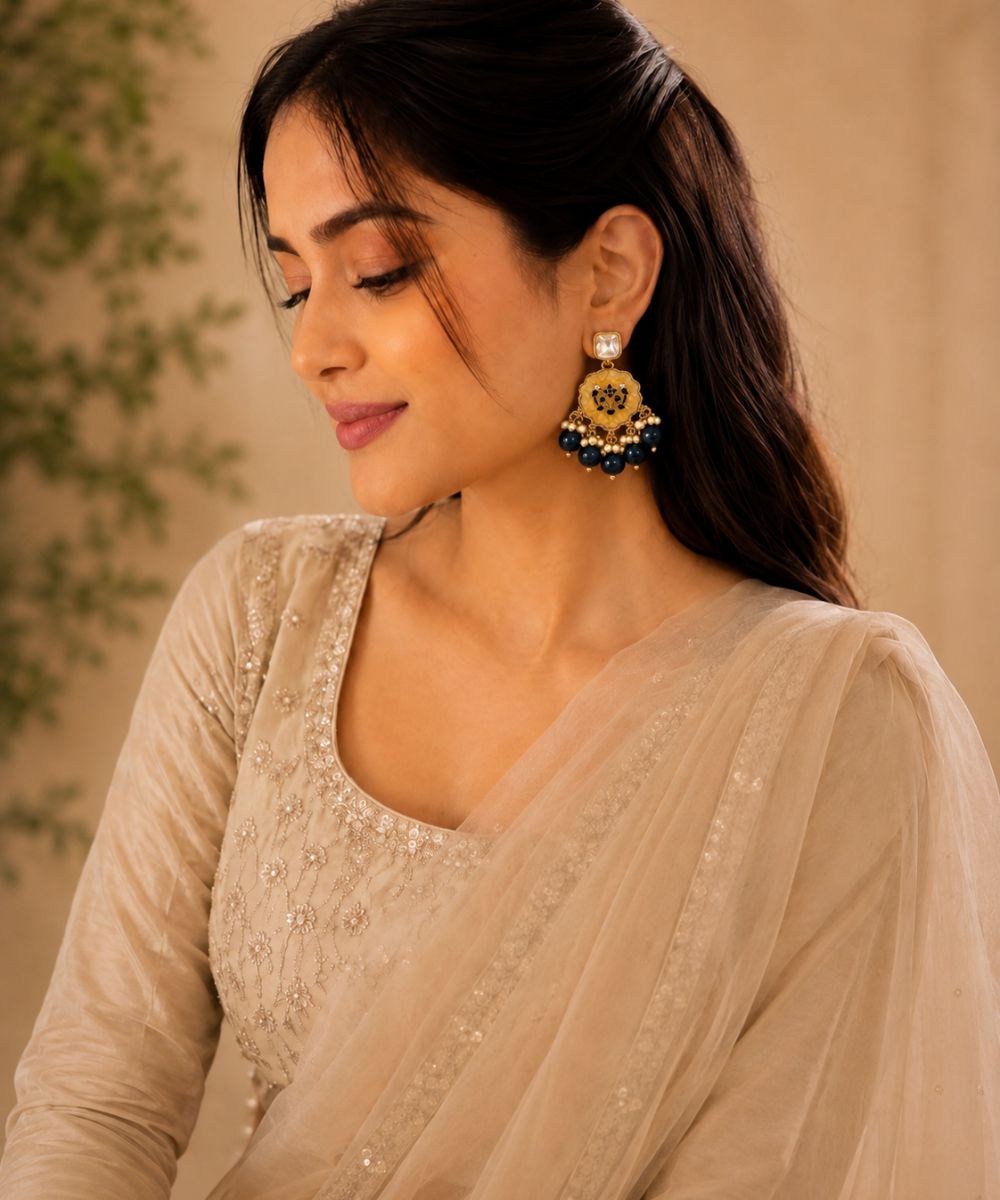Gold Plated Kundan Navy Blue Pearl Drop Earrings