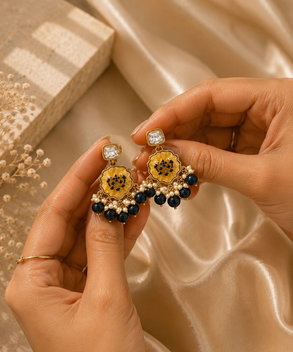 Gold Plated Kundan Navy Blue Pearl Drop Earrings