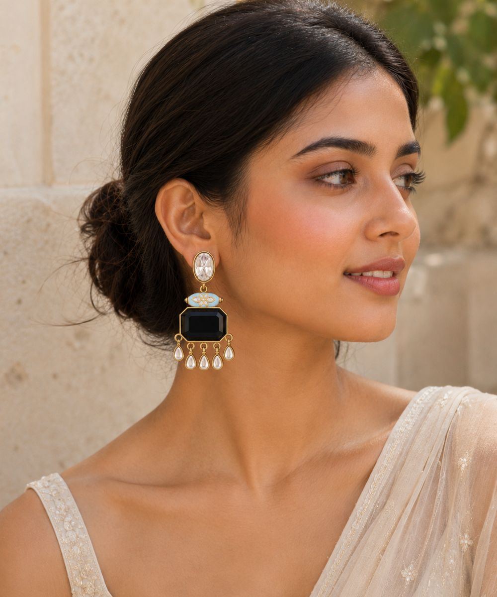 Gold Plated Meenakari Kundan Drop Earrings