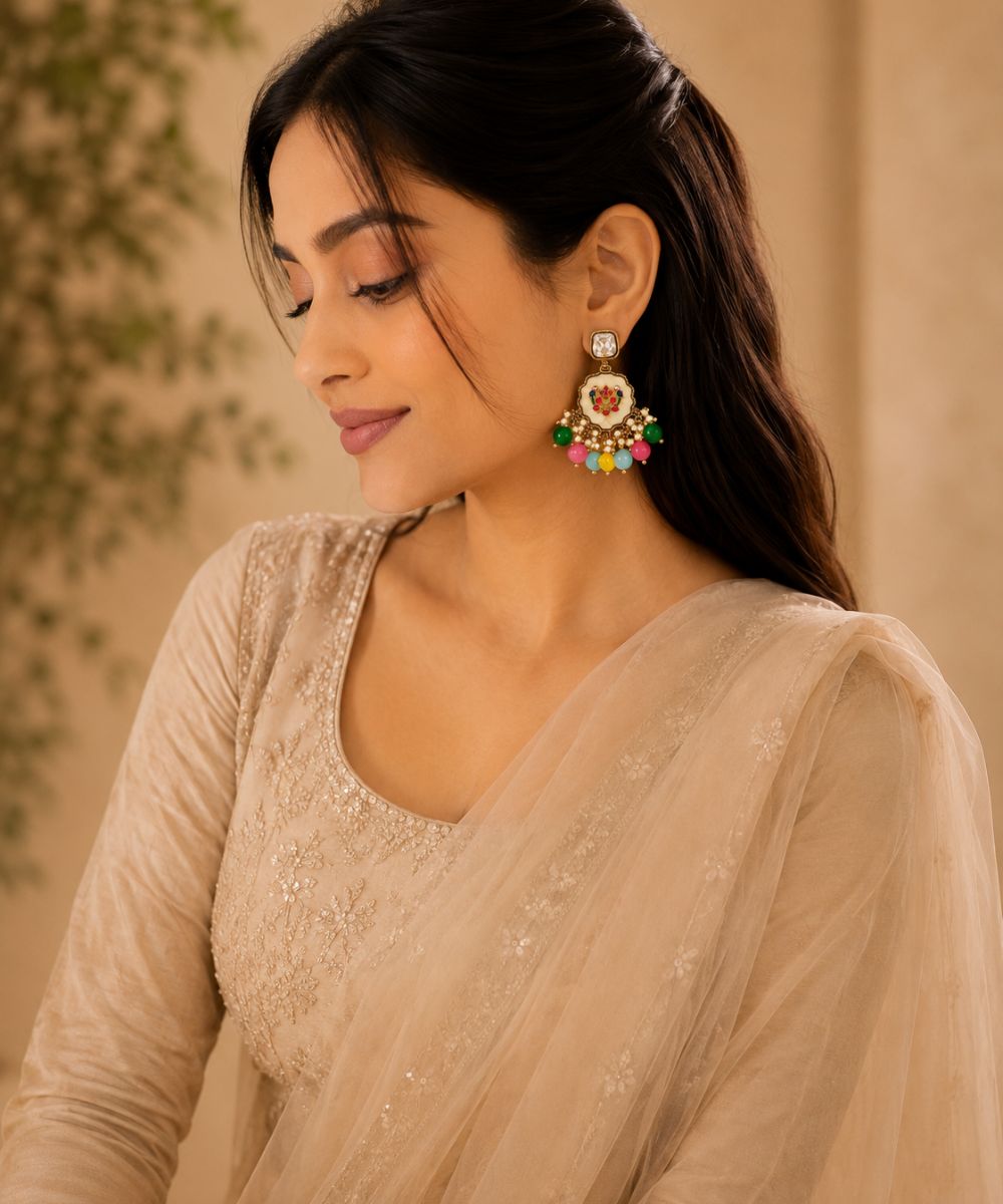 Gold Plated Kundan Multi Color Pearl Drop Earrings