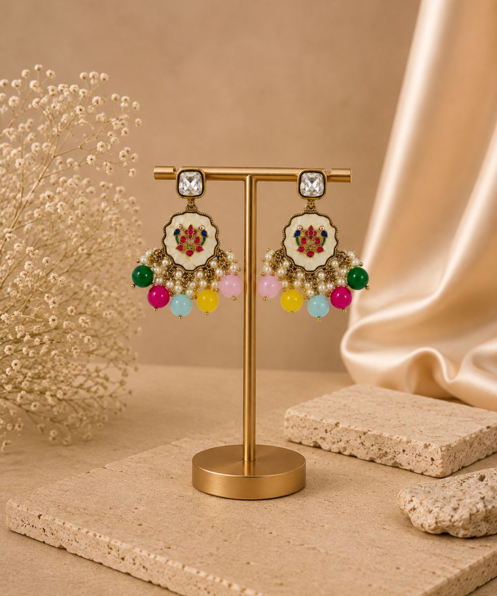 Gold Plated Kundan Multi Color Pearl Drop Earrings
