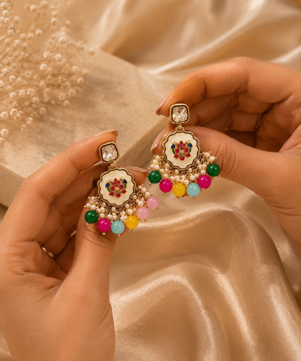 Gold Plated Kundan Multi Color Pearl Drop Earrings
