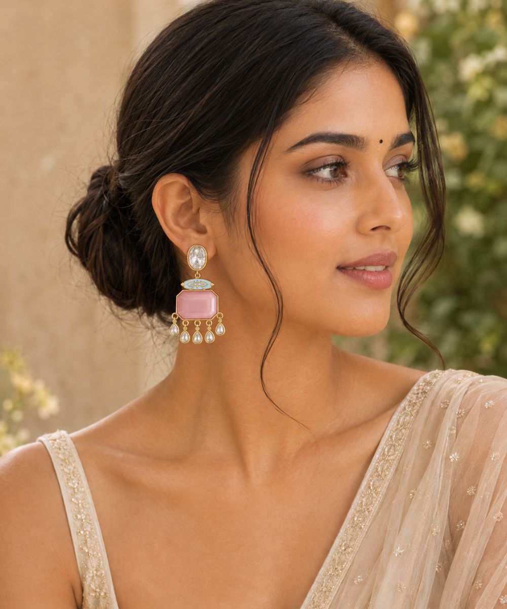 Gold Plated Meenakari Kundan Drop Earrings