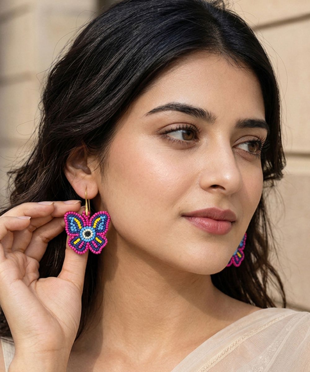 Gold Plated Multicolour Butterfly Seed Bead Drop Earrings