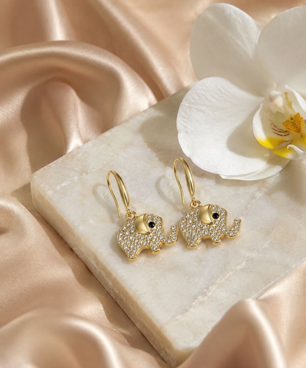 Gold Plated Elephant Charm Evil Eye Drop Earrings