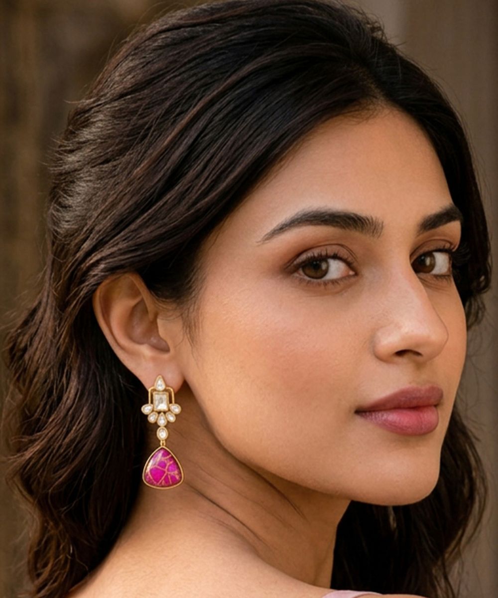 Gold Plated Pink Kundan Drop Earrings