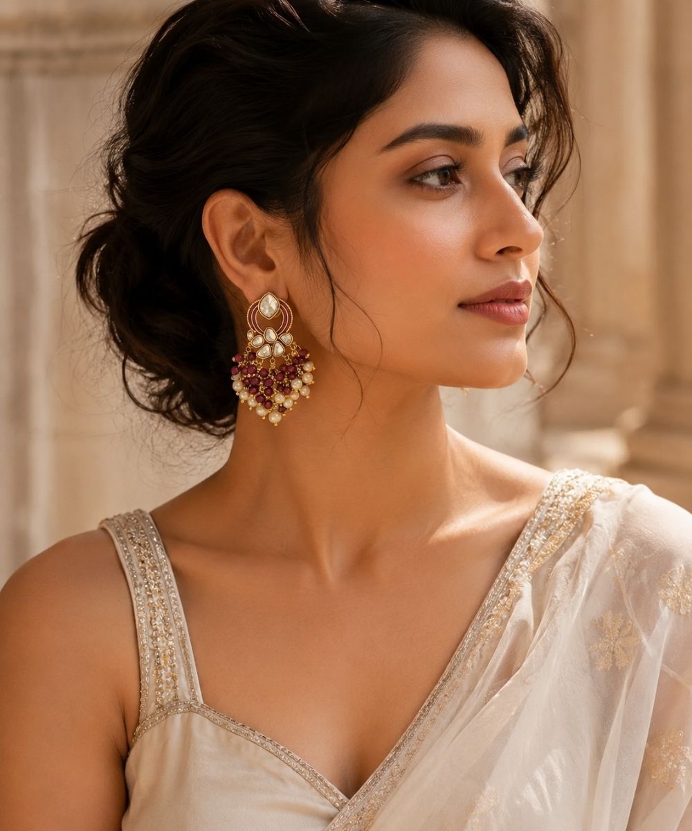 Gold Plated Kundan Pearl Drop Earrings