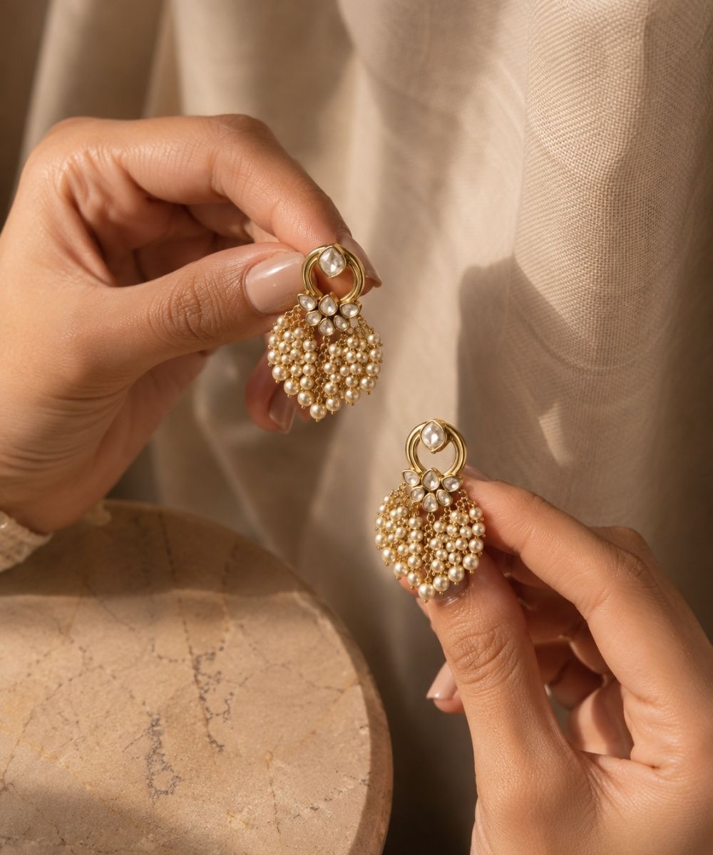 Gold Plated Kundan Pearl Drop Earrings