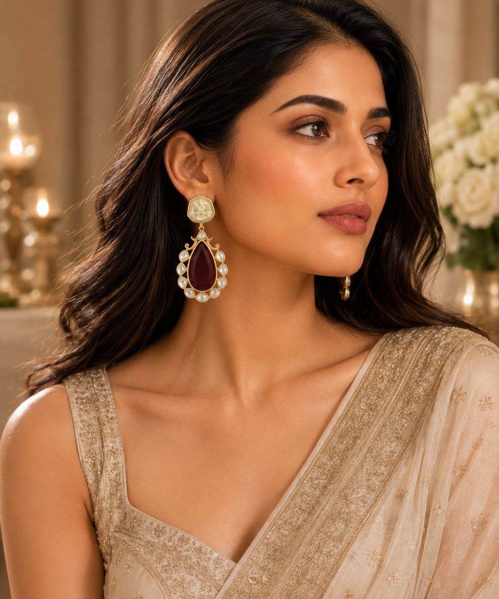 Gold Plated Red Stone Kundan Drop Earrings