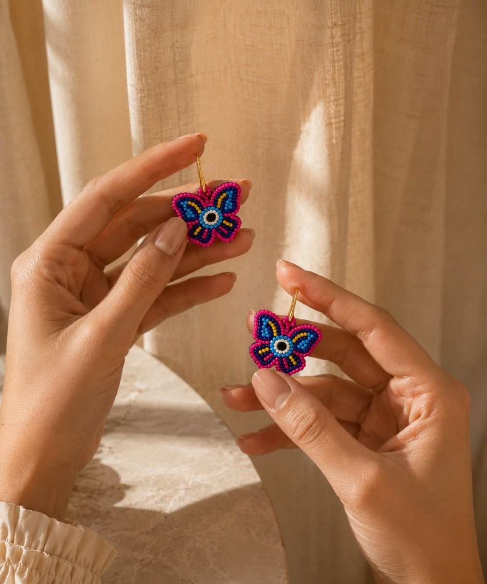 Gold Plated Multicolour Butterfly Seed Bead Drop Earrings
