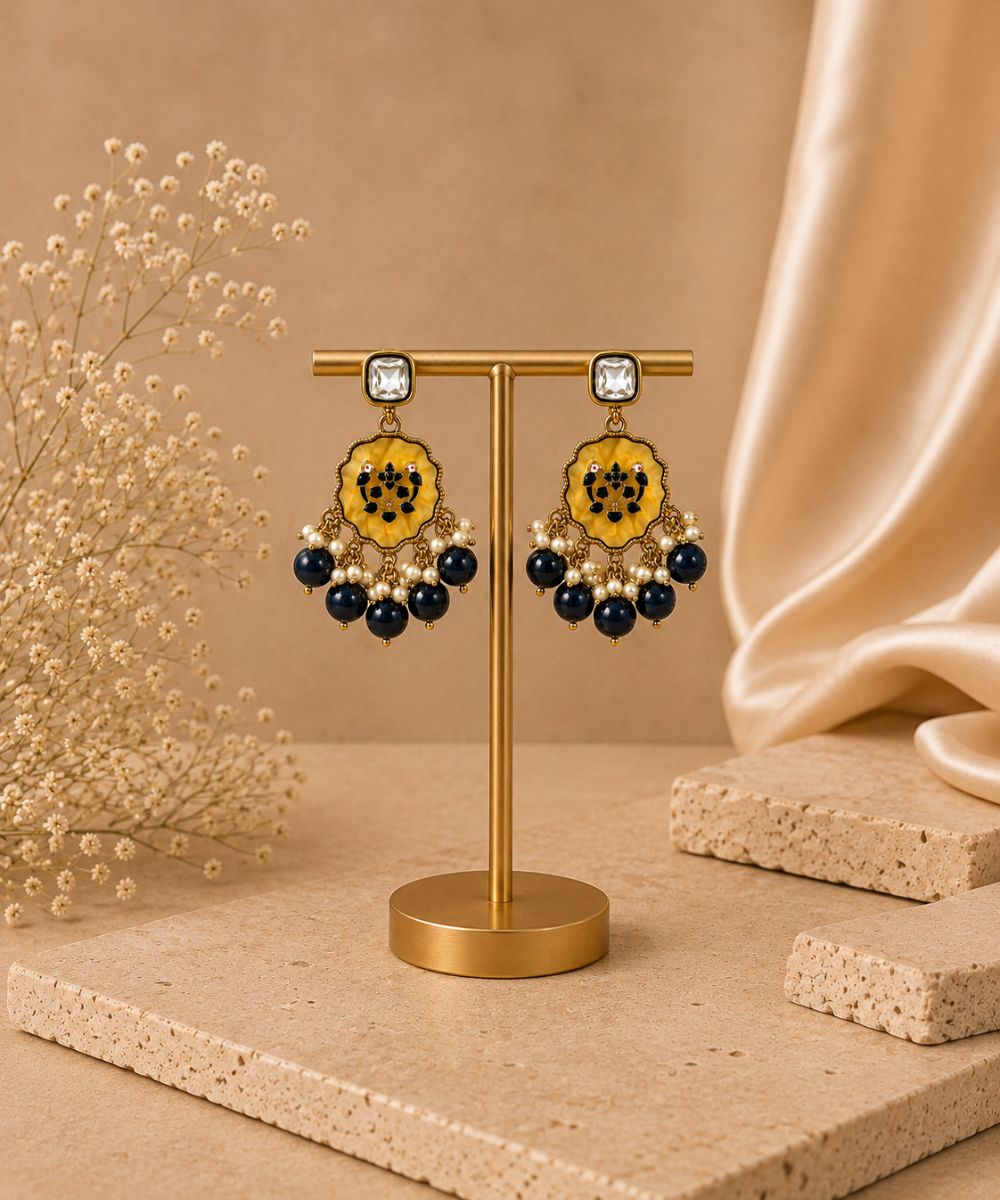 Gold Plated Kundan Navy Blue Pearl Drop Earrings