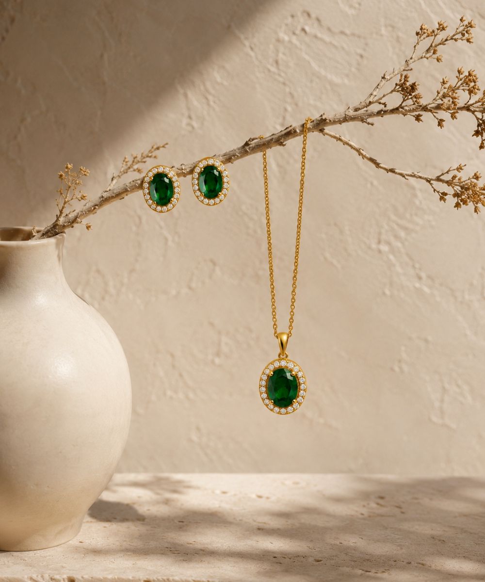 Gold Plated Green Cubic Zirconia Solitaire Halo Pendant & Earrings Set