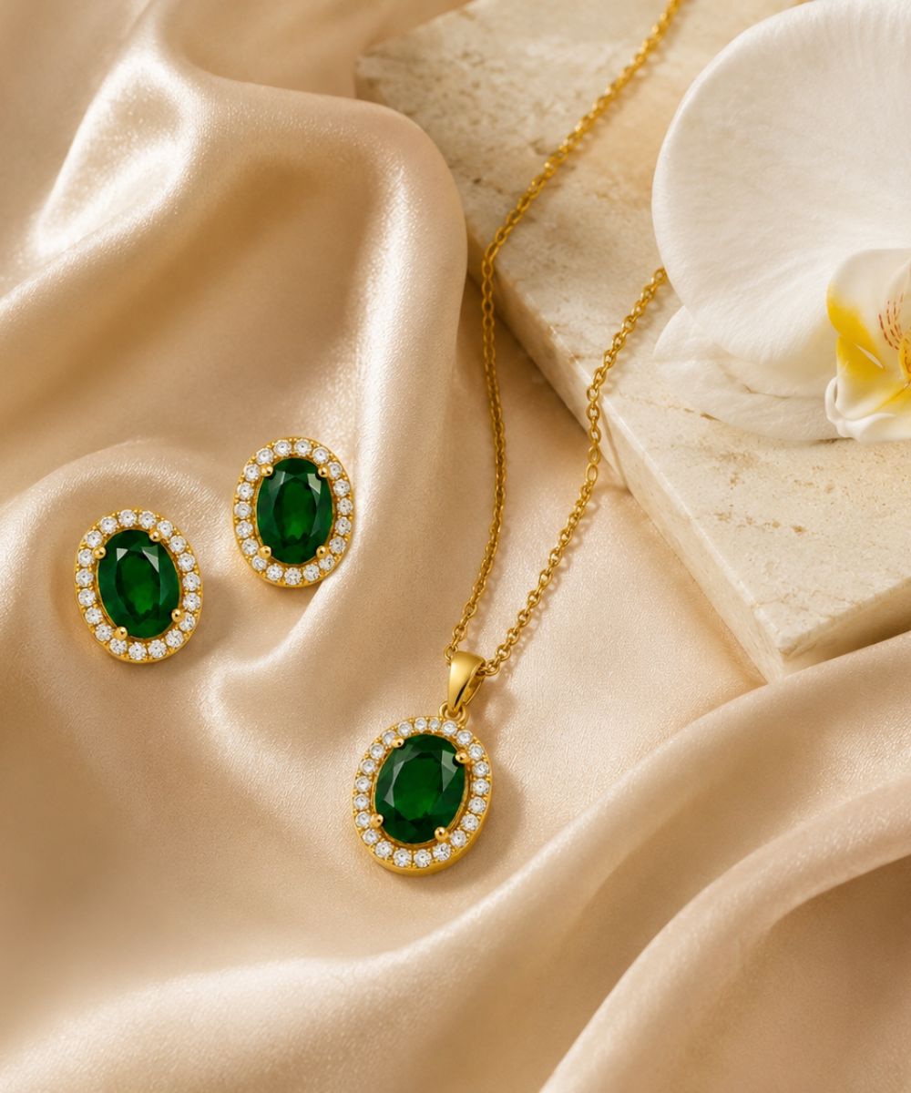 Gold Plated Green Cubic Zirconia Solitaire Halo Pendant & Earrings Set