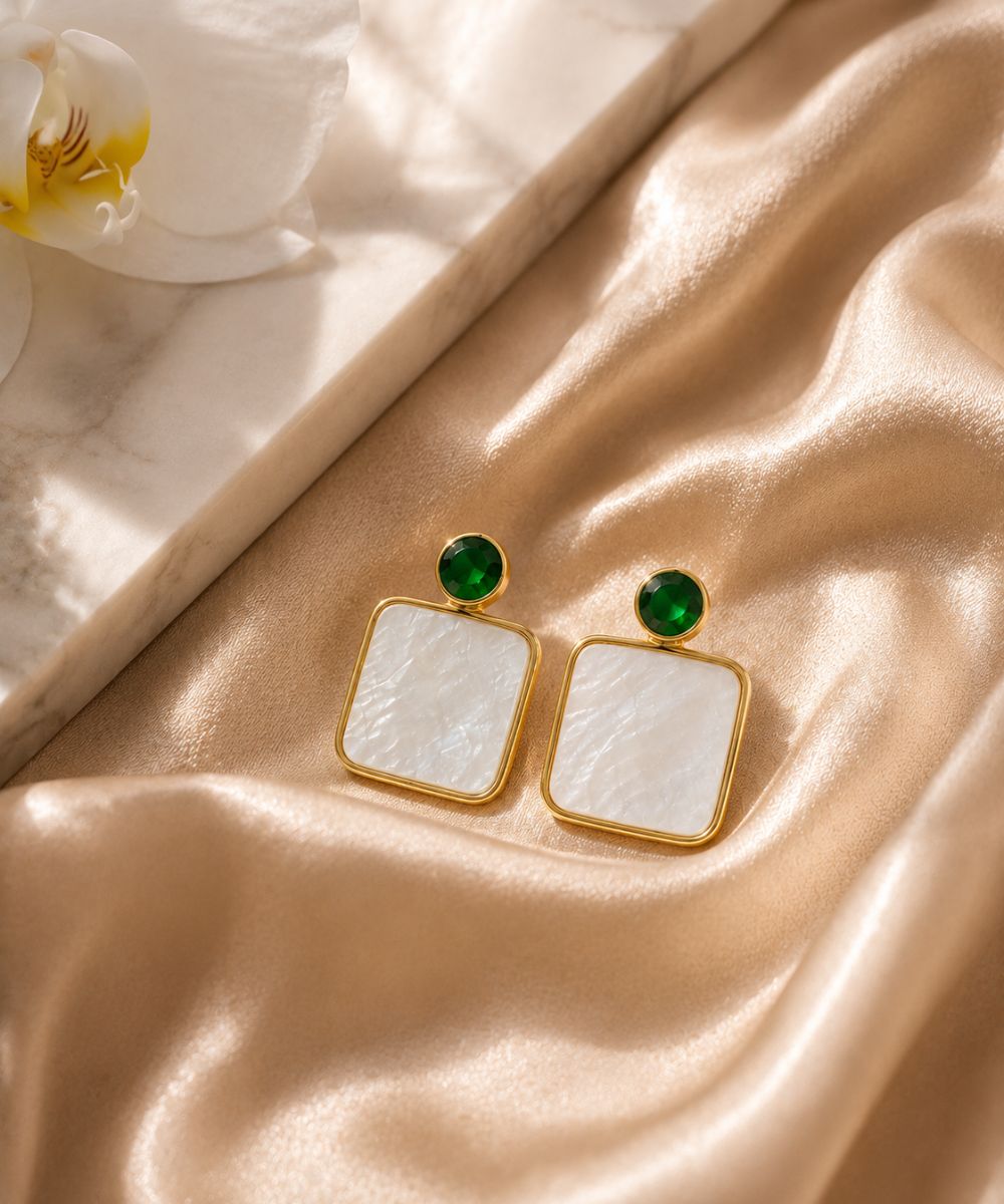 Gold Plated Mother of Pearl CZ Drop Earrings