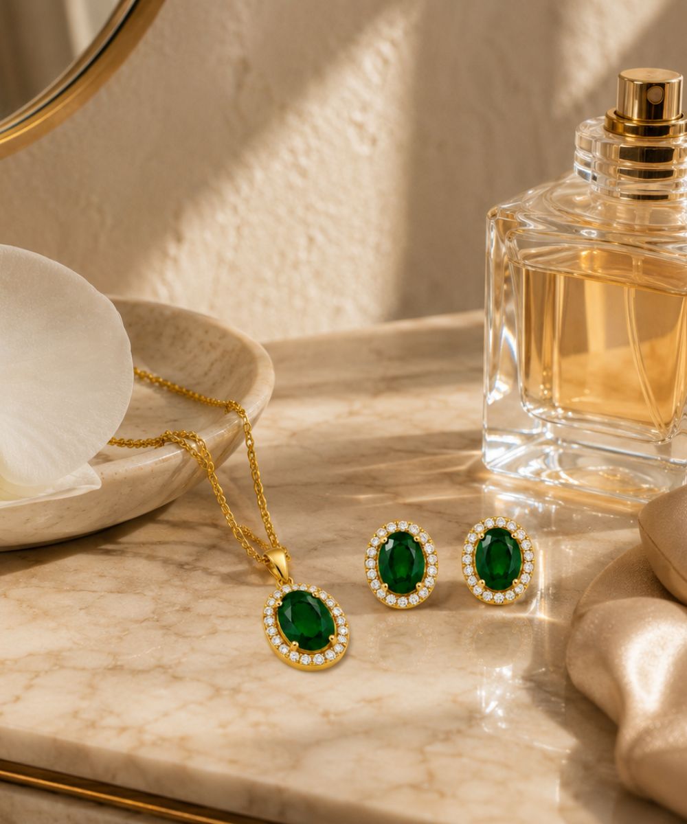 Gold Plated Green Cubic Zirconia Solitaire Halo Pendant & Earrings Set