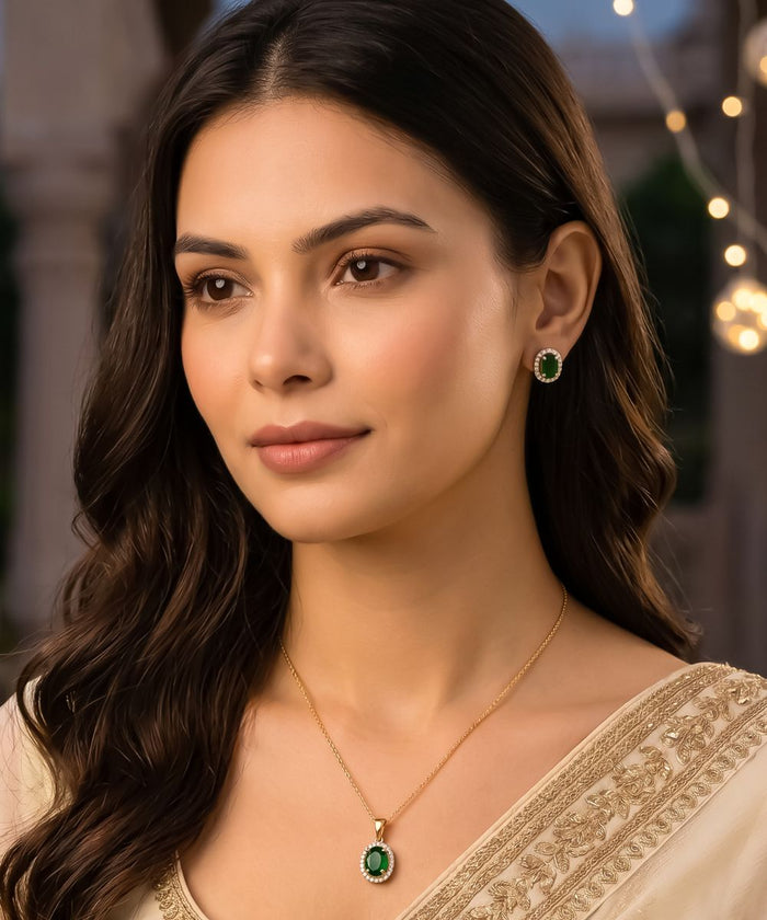 Gold Plated Green Cubic Zirconia Solitaire Halo Pendant & Earrings Set