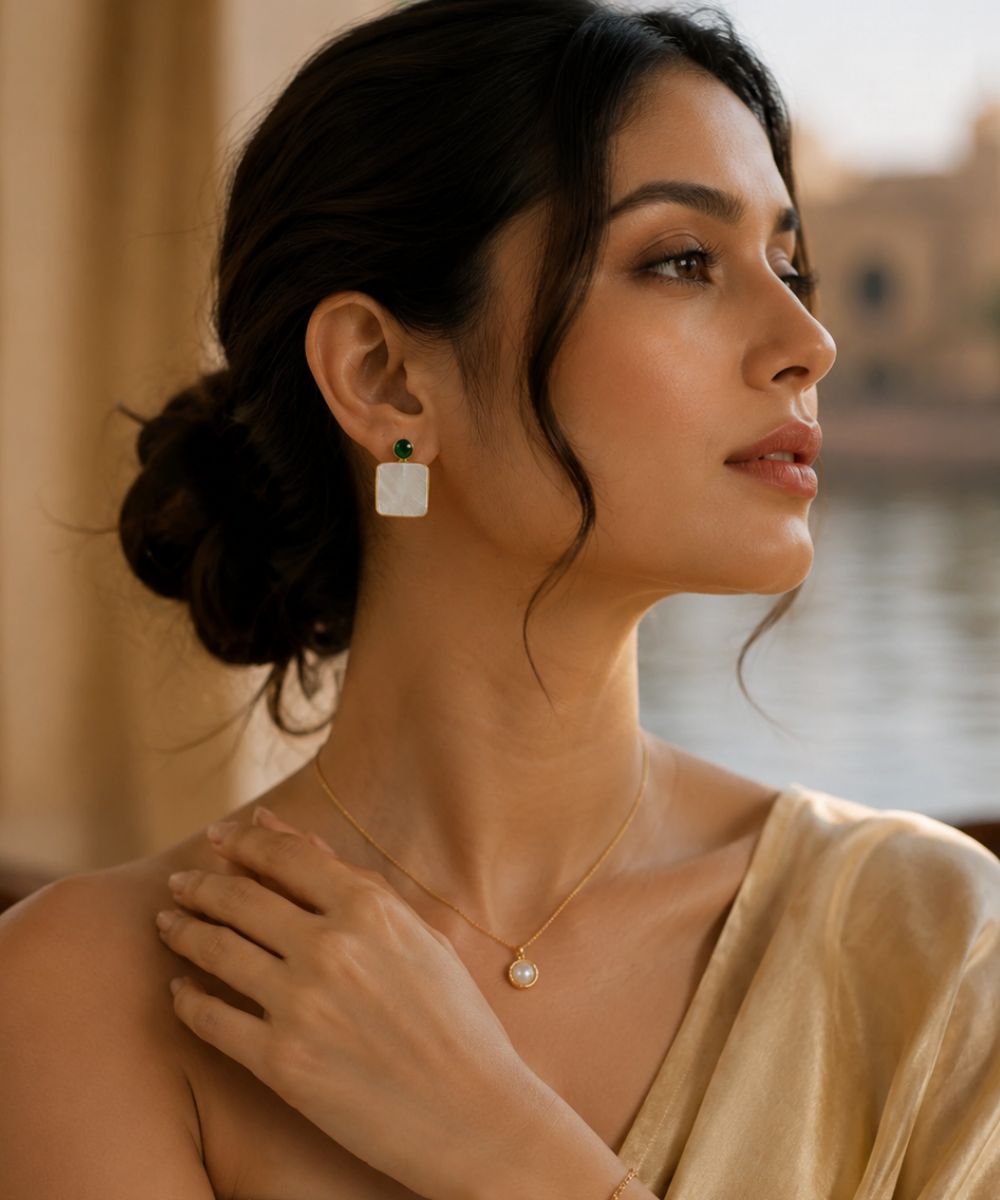 Gold Plated Mother of Pearl CZ Drop Earrings