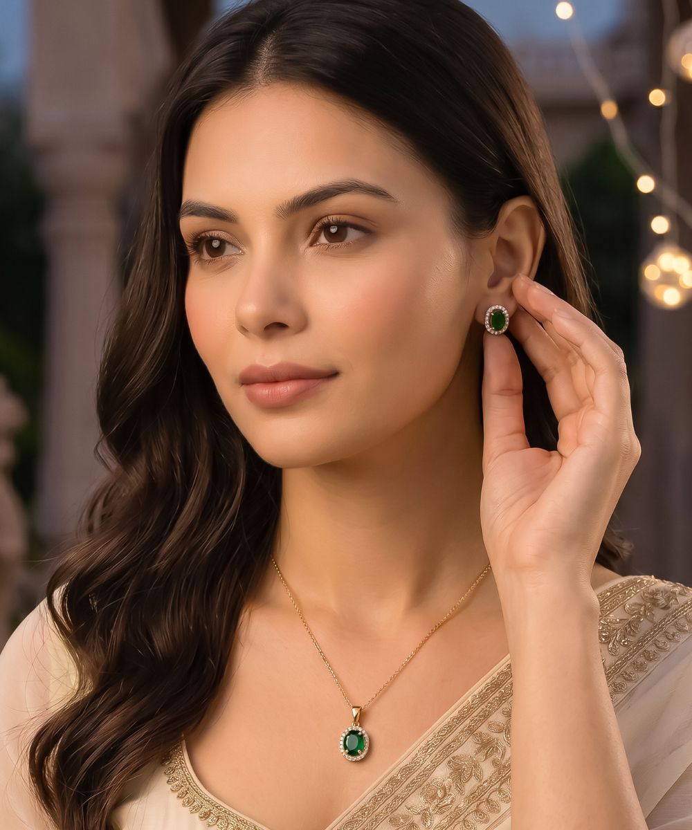 Gold Plated Green Cubic Zirconia Solitaire Halo Pendant & Earrings Set