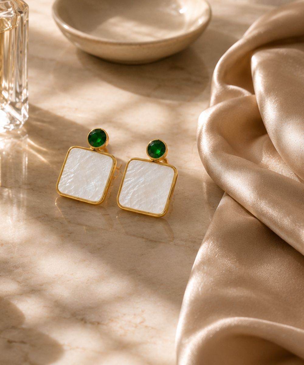 Gold Plated Mother of Pearl CZ Drop Earrings