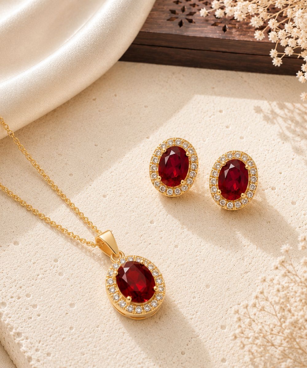 Gold Plated Red Cubic Zirconia Solitaire Halo Pendant & Earrings Set
