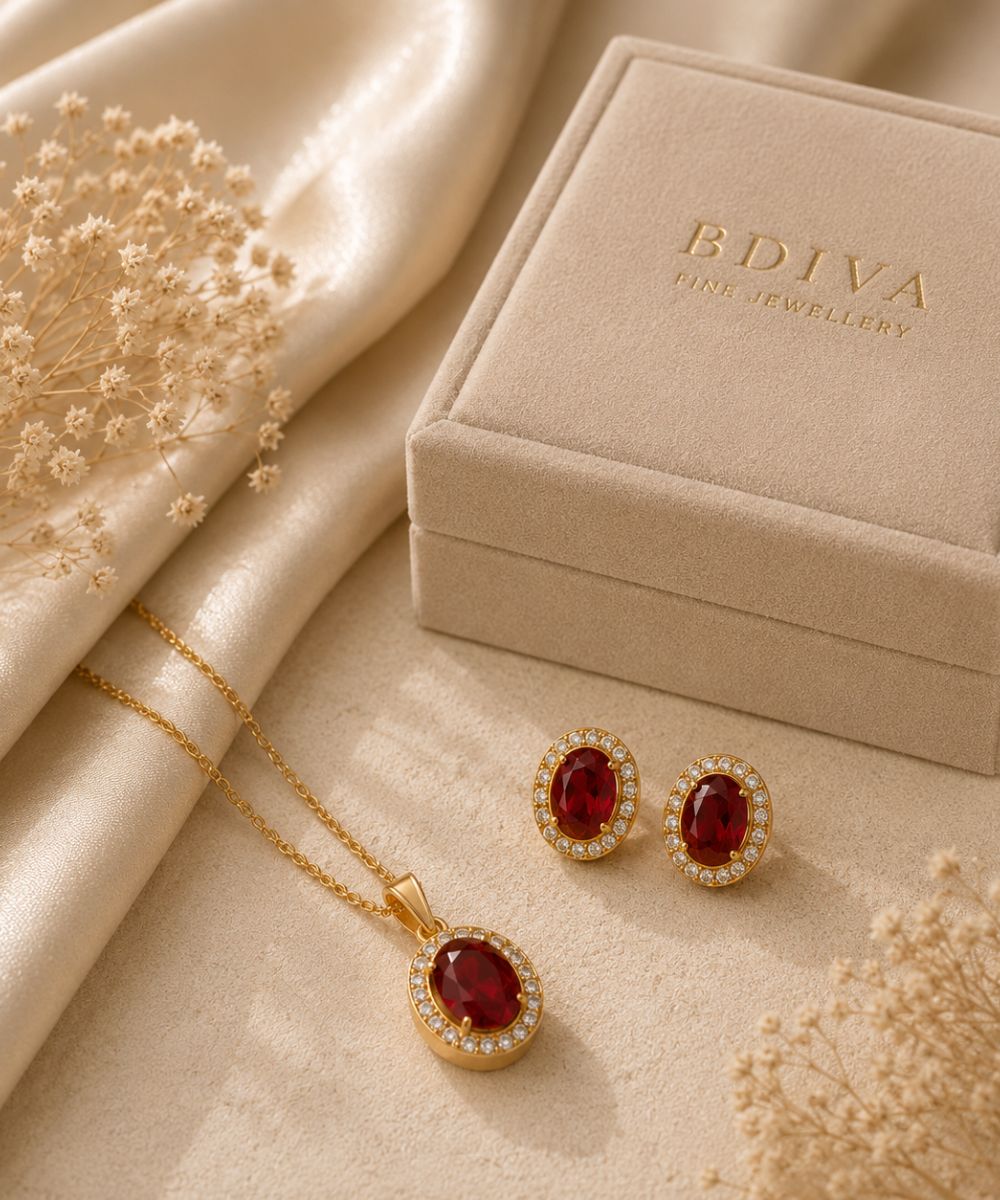 Gold Plated Red Cubic Zirconia Solitaire Halo Pendant & Earrings Set