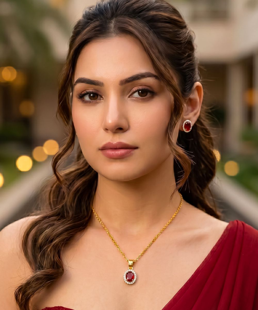 Gold Plated Red Cubic Zirconia Solitaire Halo Pendant & Earrings Set
