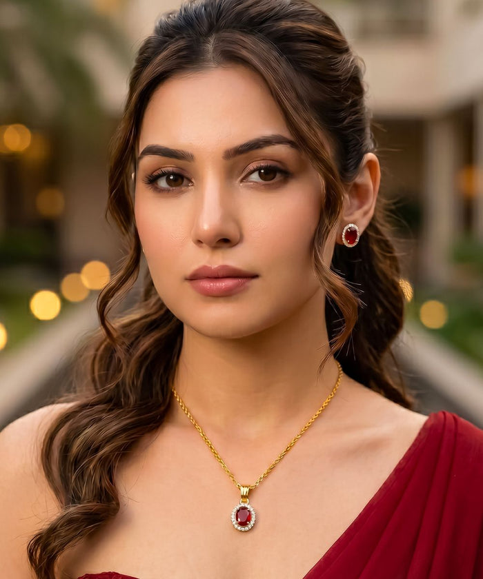 Gold Plated Red Cubic Zirconia Solitaire Halo Pendant & Earrings Set