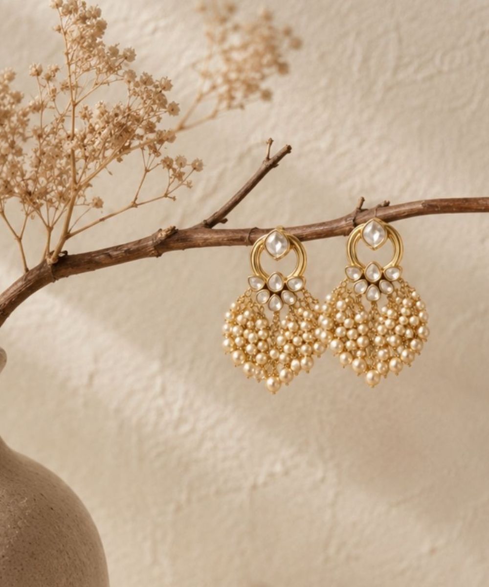 Gold Plated Kundan Pearl Drop Earrings
