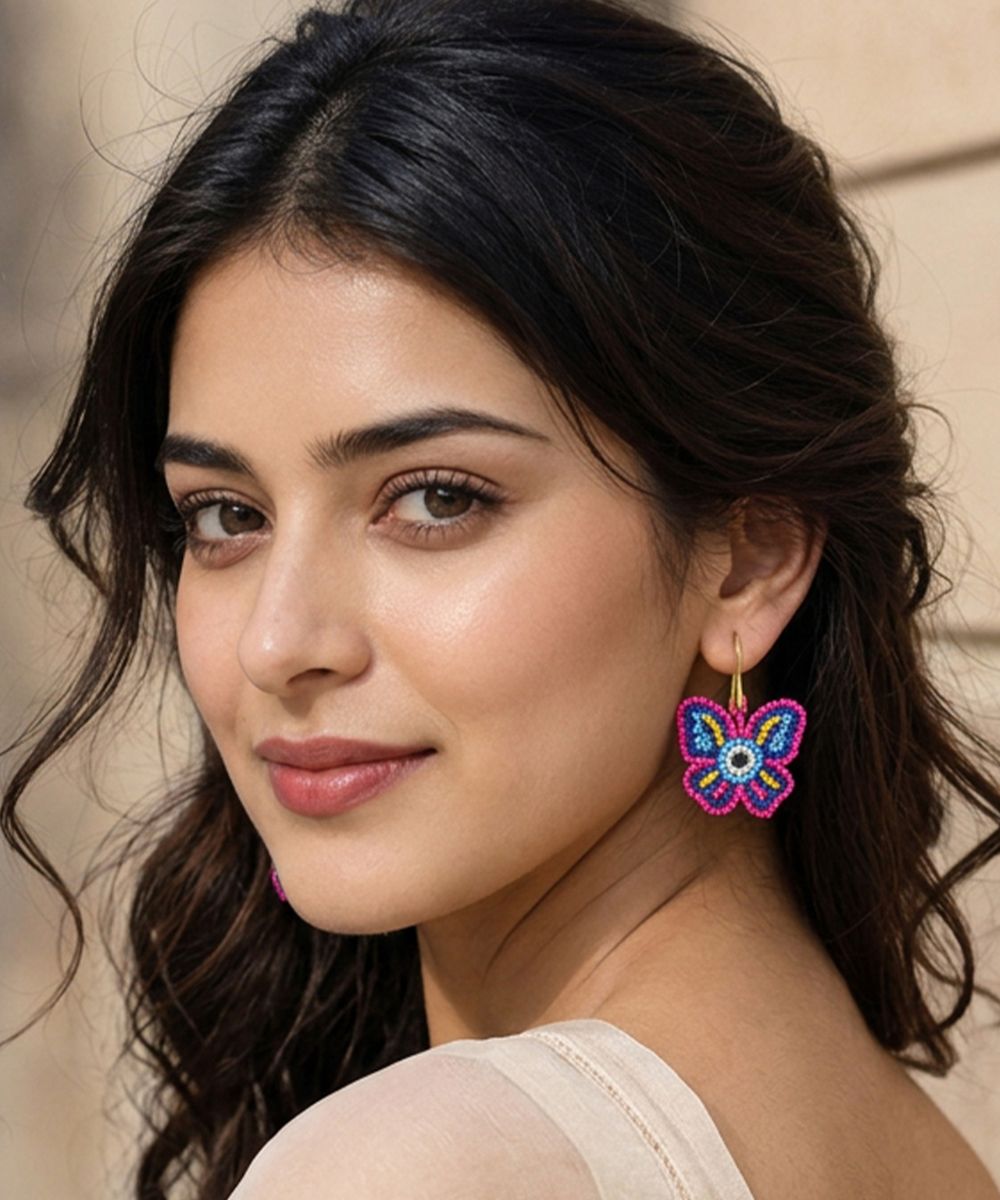 Gold Plated Multicolour Butterfly Seed Bead Drop Earrings