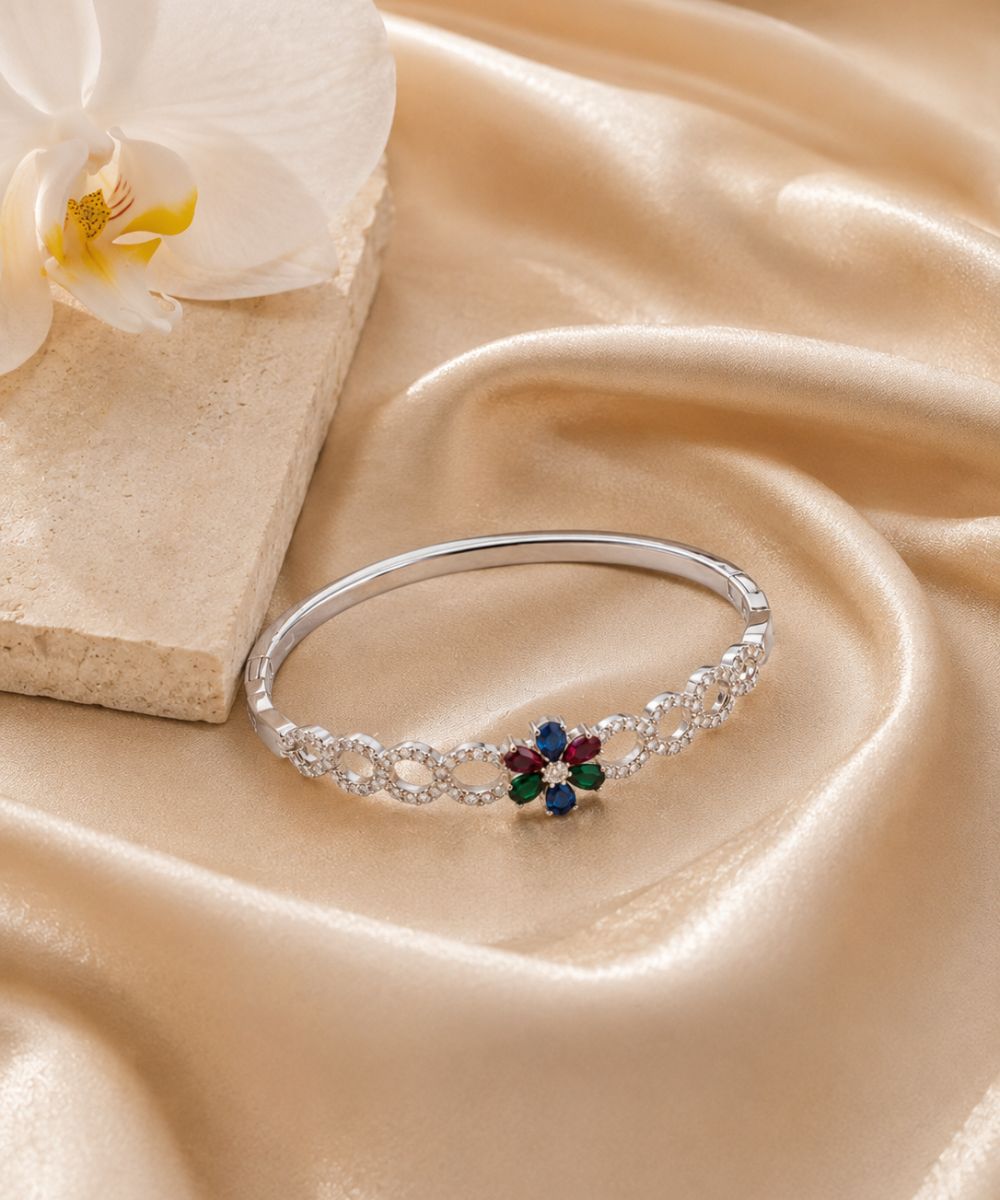 Rhodium Plated Multi Color Cubic Zirconia Floral Bracelet